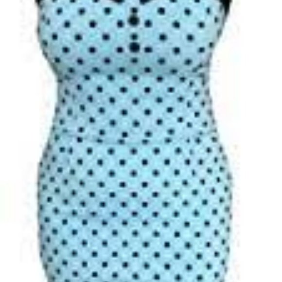 Switchblade Stiletto Pinup Retro Stretch Blue dot rockabilly wiggle ruffle Dress - Picture 6 of 6